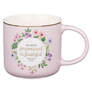He Who Promised Is Faithful Heb. 10:23 Mug Pink Floral