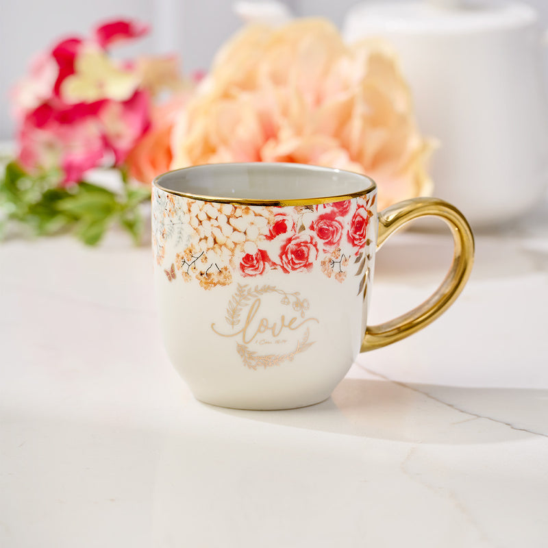 Love Red and Orange Floral Ceramic Mug -