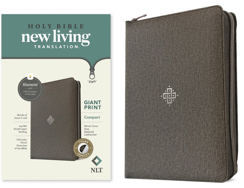 NLT Compact Giant Print Zipper Bible  Filament-Enabled Edition With Zipper-Woven Cross Gray LeatherLike Indexed