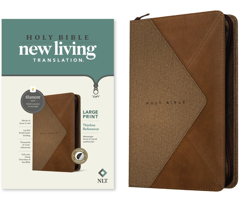 NLT Large Print Thinline Reference Zipper Bible  Filament Enabled Edition-Messenger Stone & Camel LeatherLike Indexed