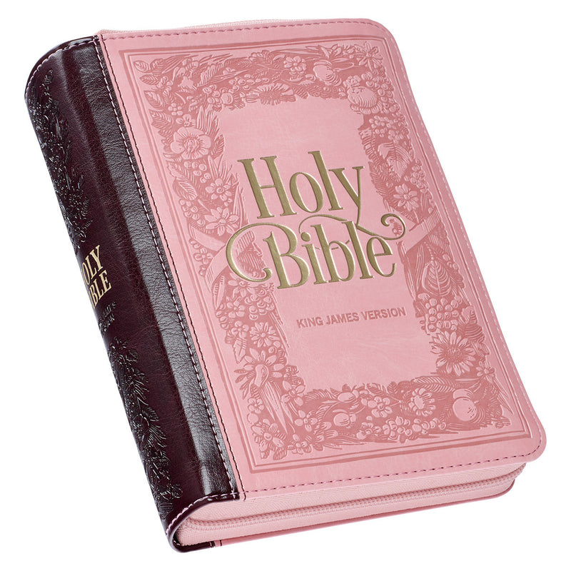 Compact KJV Burg and Pink Floral Zipper